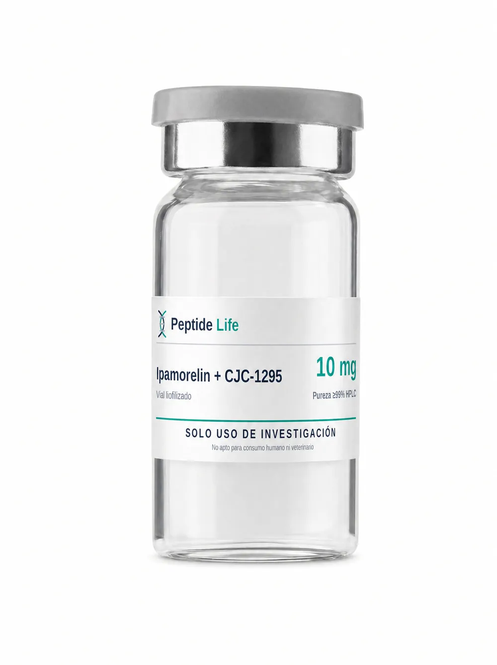 Vial liofilizado 10 mg de Ipamorelin + CJC-1295 No-DAC 10 mg — combinación de secretagogo y análogo ghrh diseñada para investigación sinérgica del eje somatotropo